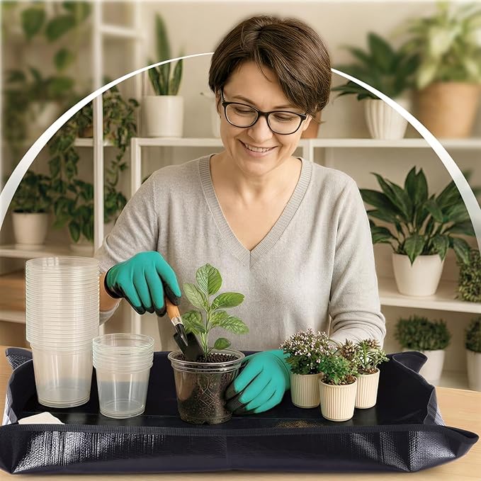 83 Pcs Garden Supplies Tools Kit, 5/6/7 Inch Clear Plastic Plant Pots with Transplanting Mat, Trowel Cultivator Rake Set, Label & Glove, Succulent Tools Gift for Plant Lovers Accessory