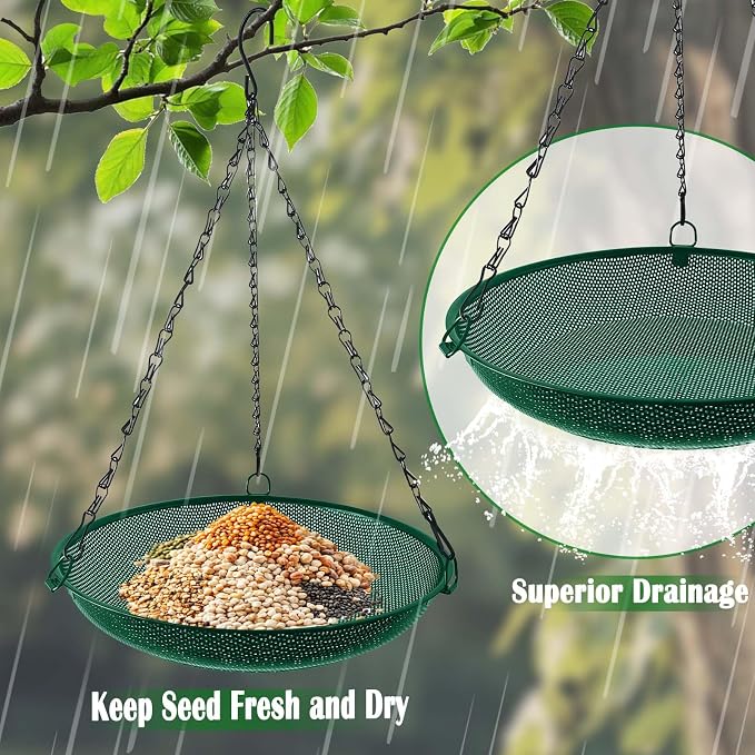 Hanging Platform Bird Feeder, 12 in, Green | Metal Mesh Seed Tray, For Wild Birds, Outdoor Use