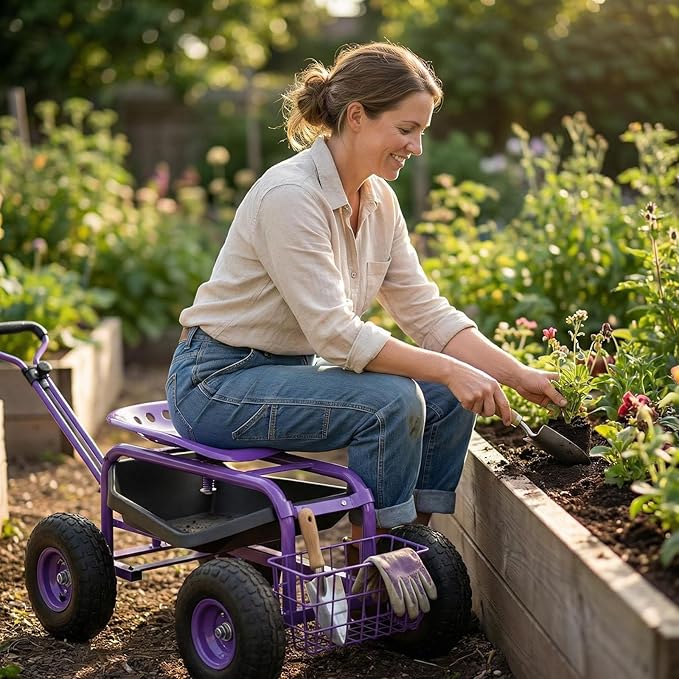 Rolling Garden Cart - Outdoor Workseat with Wheels, Heavy Duty Garden Tool Cart with Storage Bracket and Tool Tray for Yard, Planting Gardening Work (Purple)