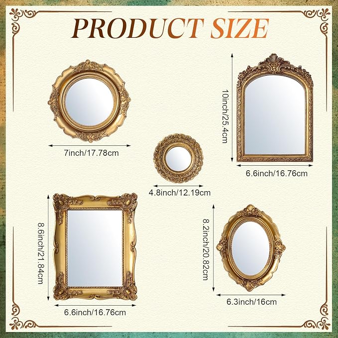 5 Pcs Vintage Gold Mirror Luxury Set Small Gold Mirrors Gallery Wall Mirror Hanging Antique Art Decor for Wall Living Room Entryway Assorted Sizes (10in/8in/7in/4in,Stylish Style)