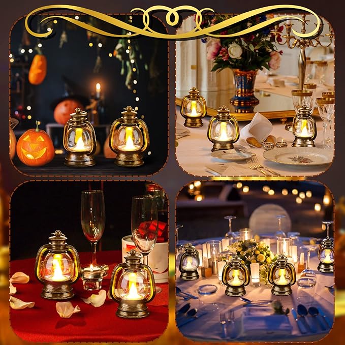 Ferraycle 24 Pcs Mini Lantern Decor 4 Inch Western Lantern Table Centerpiece Small Vintage Camping Hanging Lamp Ornaments Bulk for Cowboy Cowgirl Wedding Halloween Christmas (4 Inch,Retro Gold)