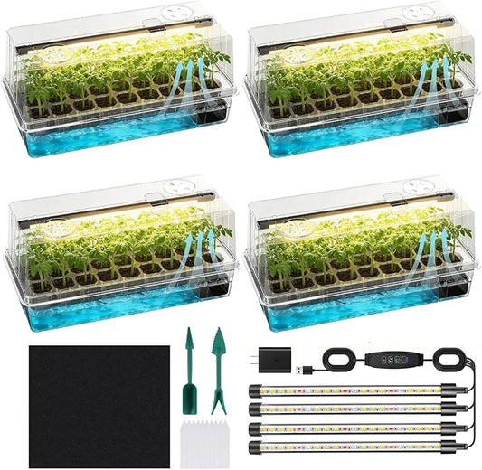 Seed Starter Tray Self Watering, Seed Starter Kit with Grow Light, Full Spectrum Grow Light for Seedling with Timer, Indoor Plant Grow Tray for Beginners & Seasoned Gardeners (144 Cells)