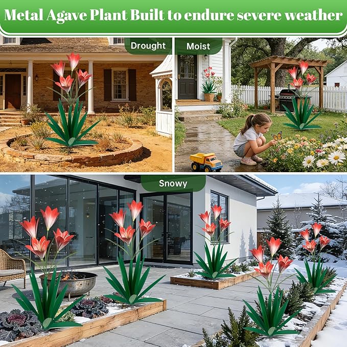 TOMBABY 32.28 Inch Metal Agave Plant Outdoor Decoration Lily Mexican Yard Art Garden Gift Home Decor Hand Painted Metal Agave Garden Yard Statue (1pc, Green)