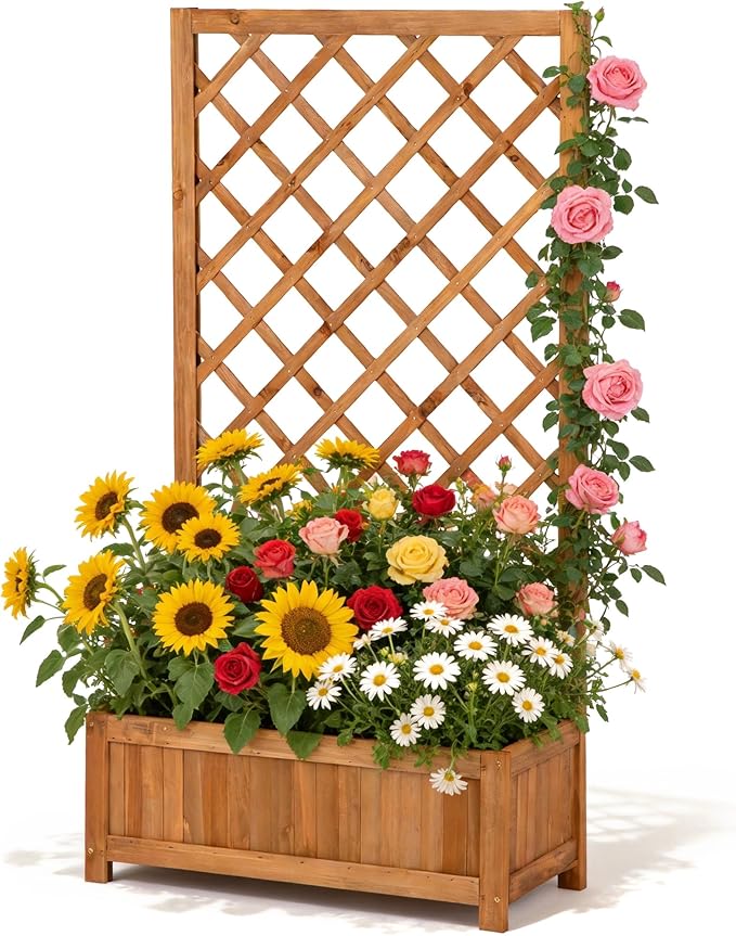 Wooden Raised Garden Bed with Trellis, 47" Outdoor Planter Box for Climbing Plants, Vertical Warm Brown Garden Planter for Vegetables, Flowers & Vines, Lattice Plant Support for Patio Yard Balcony