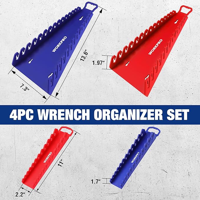 WORKPRO 4-Pack Magnetic Wrench Organizer, 2PC 15-Slot and 2PC 12-Slot Gripper Holder for Tool Boxes, Flexible Gripping Teeth and Carrying Handle, Fit for SAE and Metric, Blue, Red