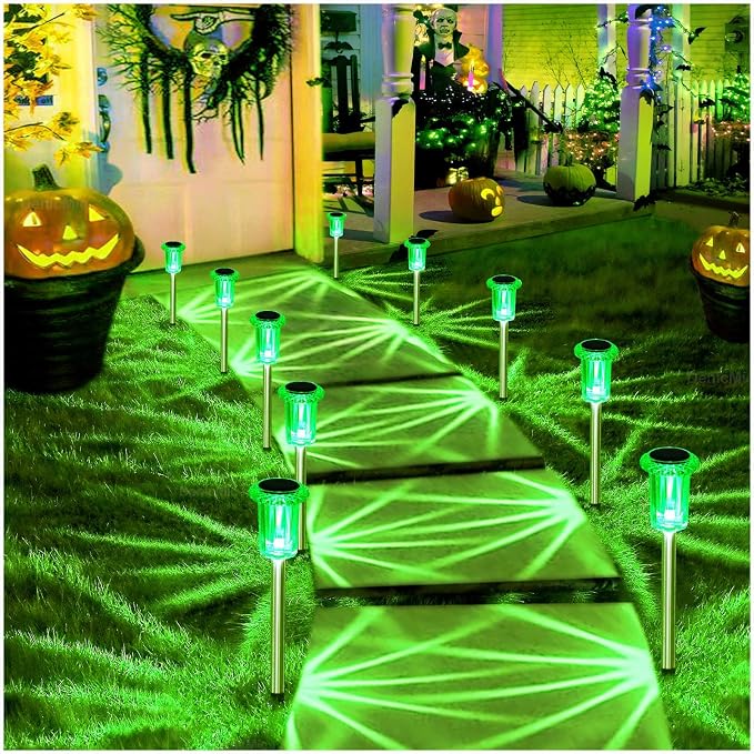 DenicMic Solar Lights Outdoor 10 Pack Waterproof Outside Lights for Yard Pathway Garden Driveway Walkway Landscape Path Lighting Green LED Stainless Steel Stake Halloween Decor