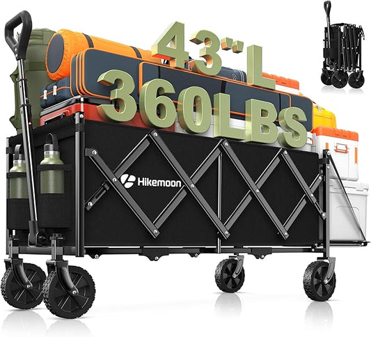 Hikemoon 43'' Extra Long Collapsible Wagon with Extended Tailgate, 360LBS Heavy Duty Wagons Carts Foldable, Portable Folding Outdoor Utility Cart for Grocery, Shopping, Beach, Camping, Black