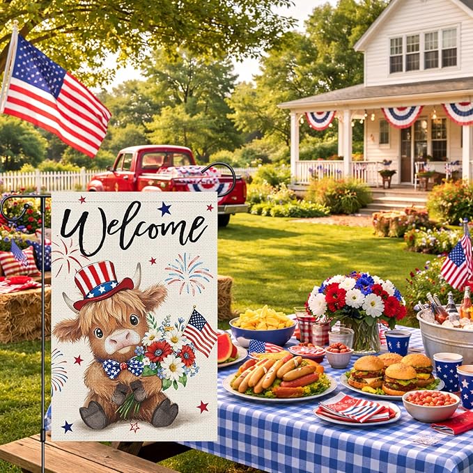 Heyfibro Welcome 4th of July Patriotic Garden Flag 12x18 Double Sided Burlap, Highland Cow with American Flag & Fireworks Yard Banner for Rustic Daisy Independence Day Outdoor Decor