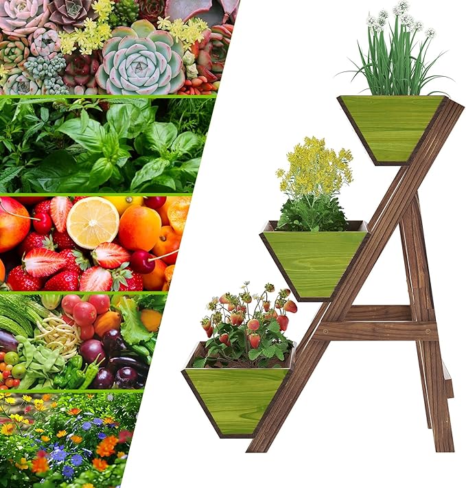 3-Tiers Wooden Raised Garden BedPlanter Box Gardening Outdoor Planter Box Patio Kit Tiered Planter Box Vertical Garden Planter Wood Plant Stand for Patio, Balcony, Freestanding (Carbonized S)