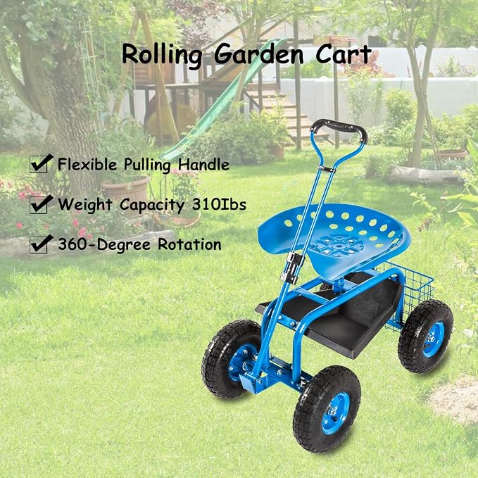KINTNESS Garden Cart Rolling Work Seat with Tool Tray and Storage Basket on Wheels Heavy Duty Garden Scooter Gardening Planting