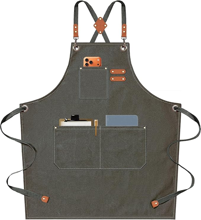 AFUN Chef Aprons for Men Women with Oversized Pockets, 16-Ounce Cotton Canvas Cross Back Heavy Duty Work Apron (Grey Green)