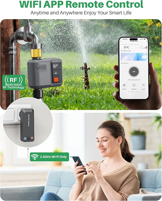 WiFi Water Timer for Garden Hose(2 Valves+1 WiFi Hub),WiFi Sprinkler Controller with 984ft RF Range,Strong Wall Penetration, Alexa&Google Voice/App Control WiFi Hose Timer with Rain Delay,Manual Mode