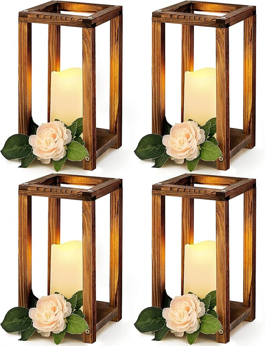 Huquary 8 Pcs Wooden Wedding Lantern Centerpiece for Table Decoration Includes 4 Farmhouse Candle Holder and 4 Flameless Decorative LED Candles for Rustic Home Wedding Decor(Dark Brown)