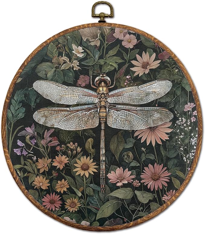 DOFQZ Vintage Boho Floral Dragonfly Round Wall Art Decor, Dark Cottagecore Wildflower Framed Wall Art, Rustic Botanical Dragonfly Canvas Wall Hanging Decor for Home Bedroom Living Room, 10x10