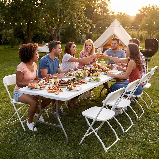 NEWBULIG 8 FT Foldable Table Easy to Fold and Store, Folding Picnic Table for Picnic Camping Kitchen Dining Party Outdoor Indoor with Carrying Handle, White
