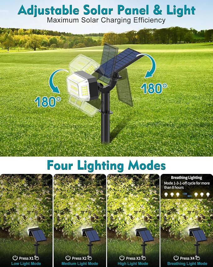 Solar Spot Lights Outdoor Waterproof IP65, [102 LEDs/2 Pack] Solar Spotlights with Adjustable Light & Panel, 4 Modes Landscape Flood Powered Lights for Outside Yard Garden Pathway（Cool White
