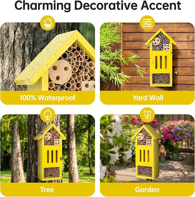 Bee House Bug Hotel & Butterfly House, Handcrafted Wooden Ladybug House, Natural Insect Habitat for Garden, Patio, or Yard, Durable Pine Wood, Attracts Pollinators, 10.4 x 5.5 x 3.2 Inches