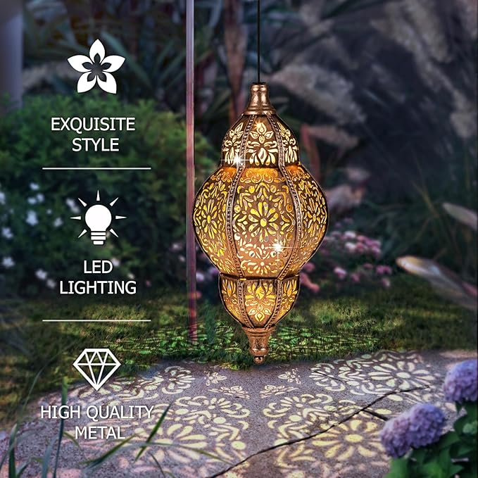 AIINY Hanging Solar Lantern Outdoor Decor, 11.5in Moroccan Solar Lights for Outside Garden Decorations, Waterproof Solar Lanterns Garden Gifts for Mom, Women, Patio, Yard Ornament (Copper)