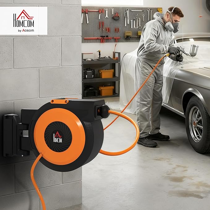 HOMCOM Retractable Air Hose Reel, Wall Mounted Air Compressor Hose Reel with Swivel Bracket, Auto Rewind, 3/8 in x 98 ft, 6.6 ft Lead in, 300 PSI, Air Coupler, Black and Orange