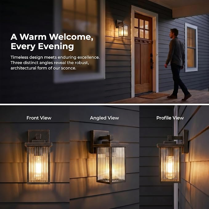 2 Pack Black Brush Gold Porch Light, Waterproof Outdoor Wall Light | Corrosion-Resistant Metal, Waterproof, Textured Glass Cuts Glare, Easy DIY Install on Porch, Garage