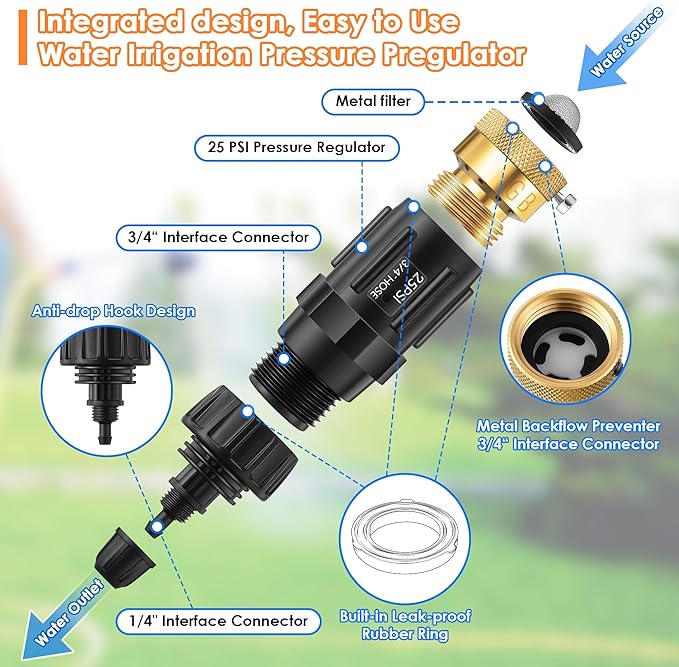 Drip Irrigation Faucet Adapter 25 PSI, 1/4" Tubing Quick Connect to 3/4" Garden Hose with Backflow Preventer, Filter, Plumbers Tape, Pressure Regulator, Copper Drip Irrigation System Fittings