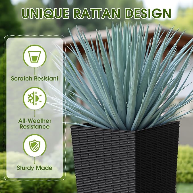 Devoko Resin Tall Planters for Outdoor Plants Set of 2, Large Taper Outdoor Planter Pots with 4 Drainage Holes, Flower Pots Modern Decor for Porch, Patio, Backyard, Garden(Black, 32" with Trays)