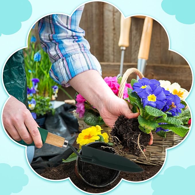 Lasnten 24 Pcs Garden Metal Shovel Digging Trowel Wood Handle Flower Soil Planting Tool for Community Volunteer Gardening Home Lawn Farm Flower Seed Plant Planting Weeding Gardening, green