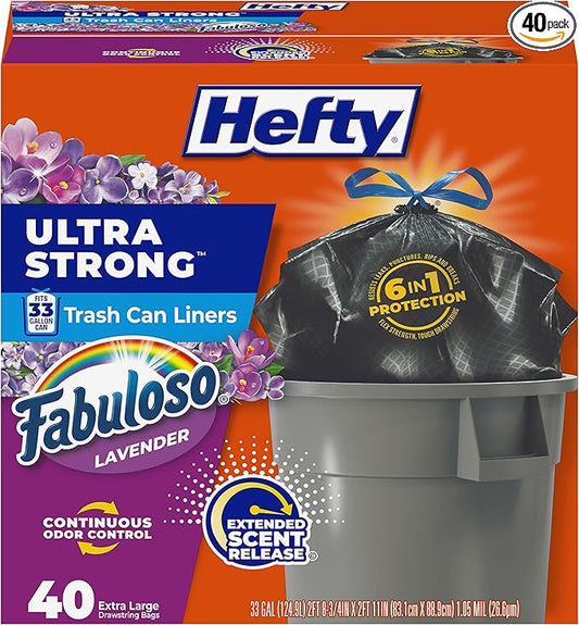 Hefty Ultra Strong 33 Gallon Trash Bags, Large Trash Bags Size, Trash Can Liners, Break Resistant Drawstring Closure, Resists Leaks, Punctures, and Tears, Black, Fabuloso Lavender Scent, 40 Bags