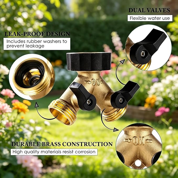Dalmbox Garden Hose Splitter 2 Way, Y Connector Brass Garden Hose Adapter, Water Hose Splitter, Double Shut Off Valve, Includes 5 Rubber Washers & Teflon Tape(2 pack)