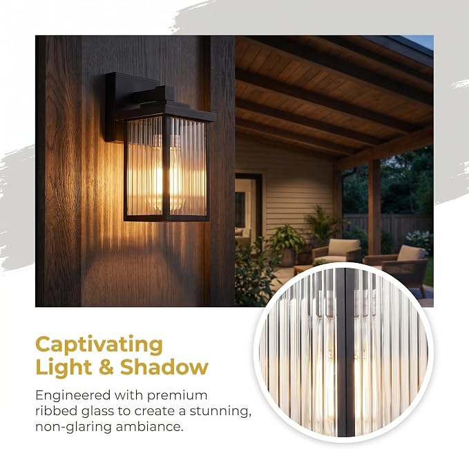 Matte Black Porch Light, Waterproof Outdoor Wall Light | Corrosion-Resistant Metal, Textured Glass Cuts Glare, Easy DIY Install on Porch, Garage