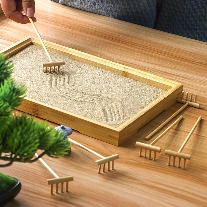 Zen Garden Mini Bamboon Rake - 6PCS Tabletop Rock Sand Garden Tools Accessories Small Sandbox Kits Japanese Zen Gift for Birthday