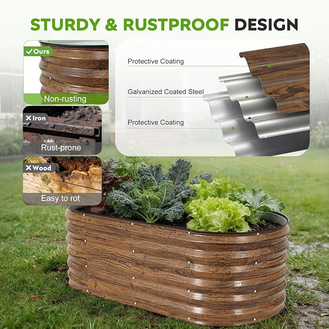 Galvanized Raised Garden Bed Outdoor- 2PCS 4x2x1.4ft Oval Steel Raised Beds for Gardening, Metal Planter Box with Protective Strip and Gloves for Vegetables, Flowers, Fruits(Brown)