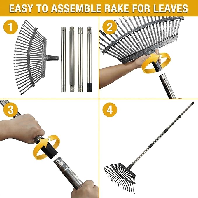 Garden Rake for Leaves, 20 Inch Ultra Wide Heavy Duty Metal Leaf Rake, 40-68 Adjustable Long Handle Yard Lawn Rake with 25 Tines for Grass Pine Needles Debris, for Kids and Adults