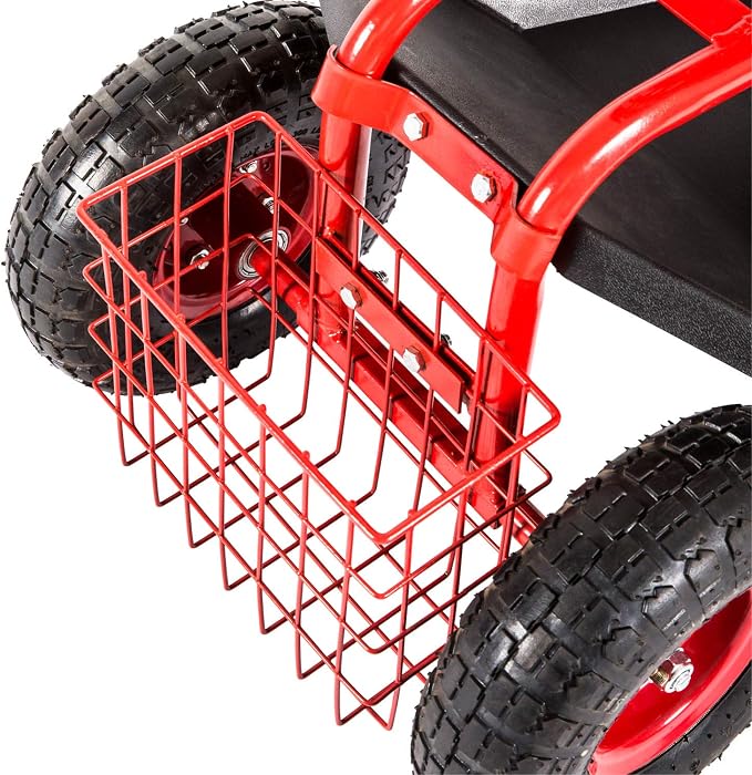 Adjustable Garden Cart, Red, 360 Degree Swivel Seat, Durable Steel Frame, Waterproof, Adjustable Handle, Tool Tray, Mobility