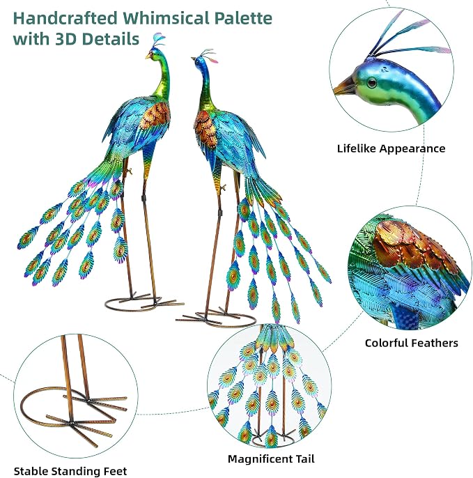 32" Oversized Peacock Decor Set of 2, Hand-Painted Metal Yard Art, Weatherproof Outdoor Garden Statues & Sculptures for Lawn, Flower Beds, Patio, Backyard or Indoor Kitchen & Home Decor