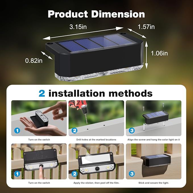 Peasur 8 Pack Solar Fence Lights Outdoor, Railing Light Solar Powered, IP65 Waterproof Led Deck Solar Lights for Outside Backyard Balcony Porch, Warm White