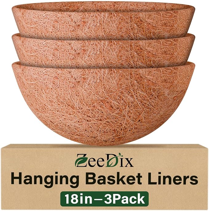 ZeeDix 3 PCS 18 Inch Coco Liners for Hanging Baskets, Round Coconut Liners for Planters Natural Coco Coir Fiber Replacement Liner for Flowers Vegetables Patio Porch Garden Decor