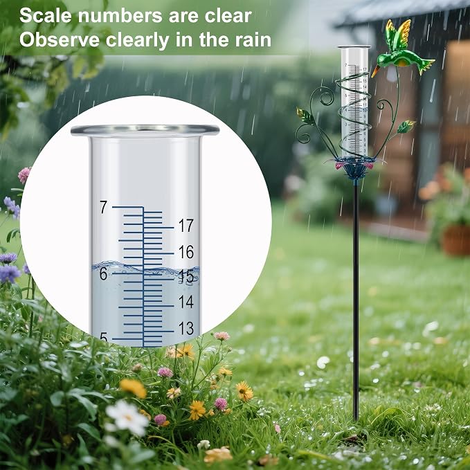 Hummingbird Rain Gauge Outdoor, Metal Rain Gauge with Stake 8 Inch Rain Measure Gauge for Garden, Lawn, Fence, Patio