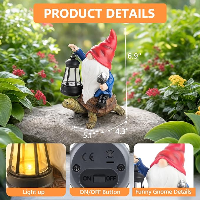 Solar Garden Gnome Statue with LED Lantern, Funny Gnome Riding Turtle Outdoor Decor for Yard Patio Lawn Balcony Porch, Waterproof Resin Gnome Figurine Home Decoration, Gifts for Women Mom Grandma
