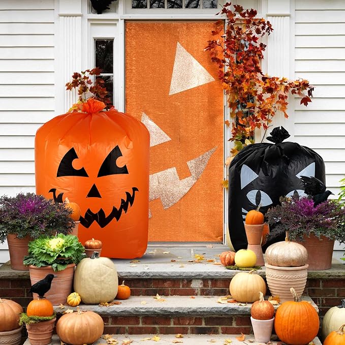Giiffu Halloween Leaf Bags 9-Pack Pumpkin Leaf Bags | Heavy Duty Pumpkin Trash Bags for Leaves Large Plastic Halloween Lawn Garbage Yard Bags with Twist Ties Outdoor Decor