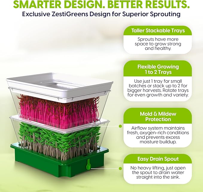ZESTIGREENS 2-Tier Seed Sprouter Kit with USA-Grown Broccoli & Alfalfa Seeds – Stackable Sprouting Tray with Ventilated Design & Easy Sink-Drain Spout