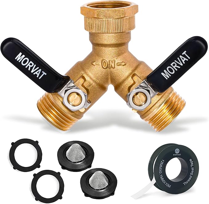 Morvat Brass 2-Way Y Splitter LEAD-FREE, Heavy-Duty Garden Hose Connector with Extra Long Butterfly Comfort Grip ON/OFF Valves, Adapter for Water Faucet & Spigot, Extra 5 Washers, Teflon Tape (1-Pack)