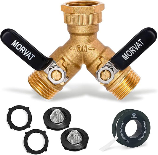 Morvat Brass 2-Way Y Splitter LEAD-FREE, Heavy-Duty Garden Hose Connector with Extra Long Butterfly Comfort Grip ON/OFF Valves, Adapter for Water Faucet & Spigot, Extra 5 Washers, Teflon Tape (1-Pack)