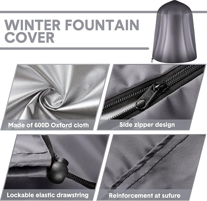 Tatuo Fountain Covers for Winter Waterproof 36"x42" 600d Outdoor Oxford Cloth Garden Fountain Statue Protective Cover with Drawstring for Outdoor Garden Statue(Gray)