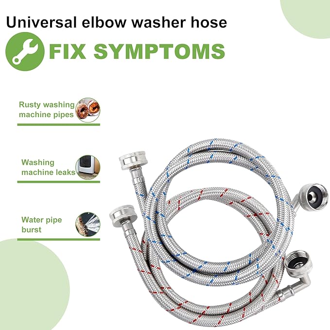 Washer Hose 6ft,Stainless Steel Washing Machine Hose 6 Foot with 90 Degree Elbows 2 Packs Braided Premium Washer Hoses Supply Lines-Hot and Cold Striped Water Connection-by MIFLUS,10 YEARS WARRANTY
