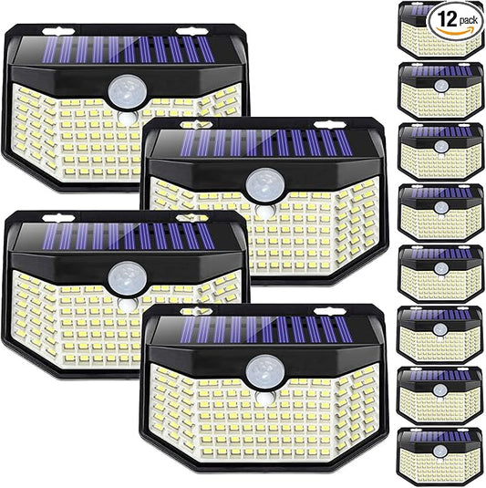 HMCITY 120 LED Outdoor Solar Lights with Motion Sensor and 3 Lighting Modes, IP65 Waterproof Wide Solar Wall Lights Ideal for Garden Patio Yard (Front Button 12Packs, Black Shell-Daylight White)