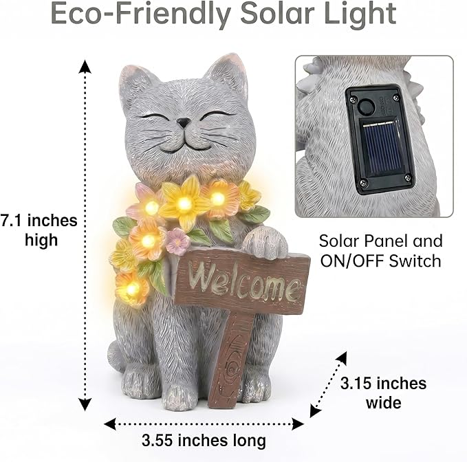 Solar Cat Garden Statue for Outdoor Decor, Cat Solar Light with Flowers, Resin Welcome Cats for Garden, Yard, Lawn Decor, Cats Lover Gifts for Women