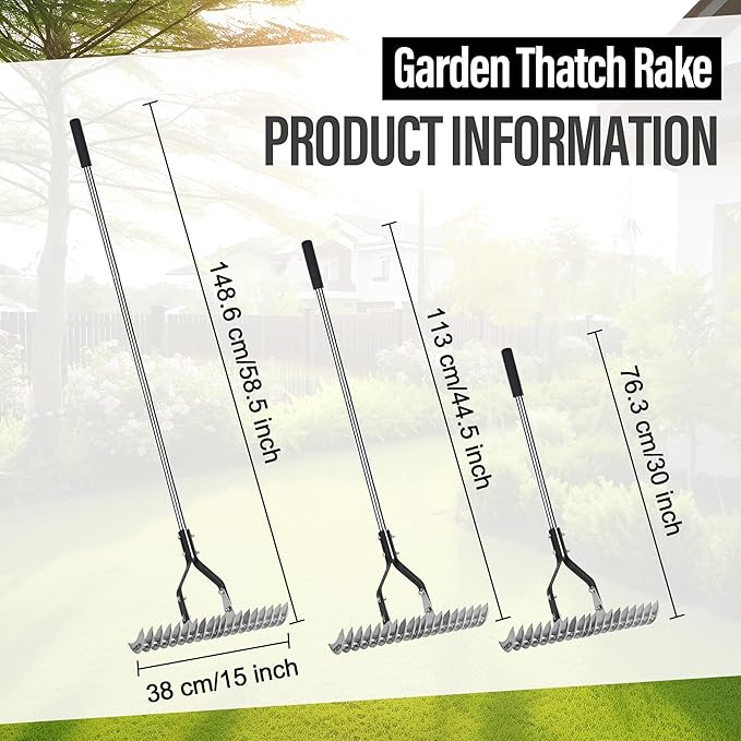 YEELOR Thatch Rake with 58.5-inch Adjustable Handle, 15-inch Efficient Steel Metal Rake Head, Suitable for Garden, Yard, and Lawn – Removes Thatch and Collects Debris