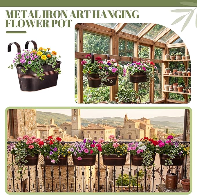 Hicarer Metal Hanging Flower Pots for Railing Fence, Large Hanging Rail Planters for Outdoor Window Balcony Plants Holder with Hooks for Garden Yard Home Decor(Bronze,4 Pcs)