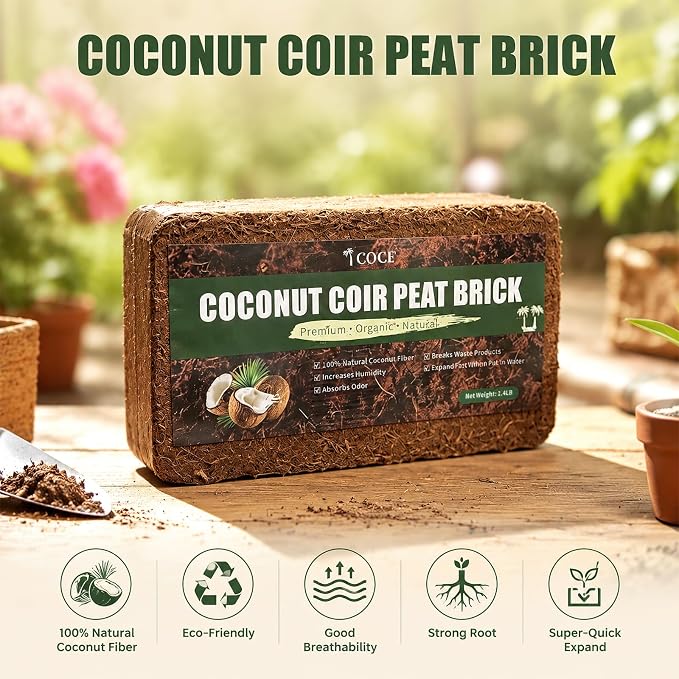 Coco Coir Brick - Low EC & pH Balanced, Compressed Organic Coconut Fiber Potting Mix for Indoor Outdoor Plants, Seed Starting, Hydroponics & Reptile Bedding(11.2lb)